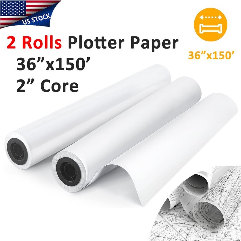 2 Rolls 36" x 150' 20 lb Bond Plotter Paper Wide Format Inkjet Printers 2" Core