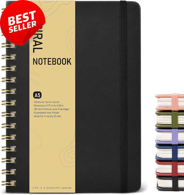 A5 Dotted Spiral Notebook Hardcover 100 GSM 150 Pages Bullet Journal Black