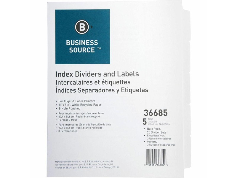 Business Source Index Dividers 3HP 5-Tab 25 ST/PK 11″x8-1/2″ White 36685