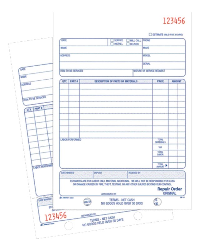 Repair Order Book, Carbonless, 2-Part, White/White, 5-9/16 x 8-7/16 Inches, 50