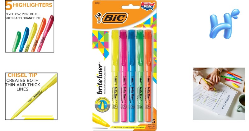 Brite Liner Highlighters Assorted Colors - 5-Count Chisel Tip Set for All Ages gallery