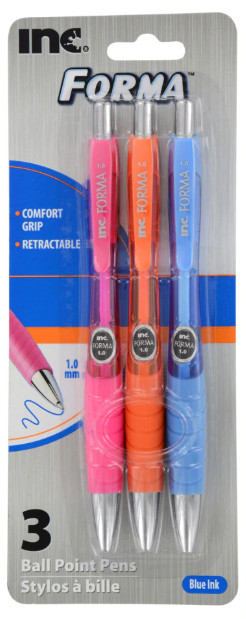 Inc. Forma Retractable Ball Point Pens 1.0 mm, Pack of 3 (Blue Ink)