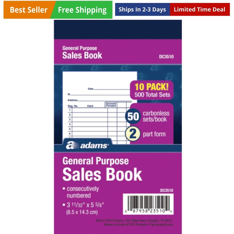 General Purpose Sales Book, 2-Part, Carbonless, White/Canary, 3-11/32 x 5-5/8…