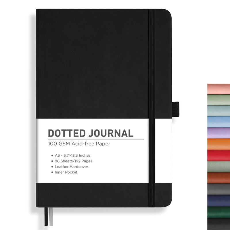 Bullet Dotted Journal Notebook, 192 Pages, A5 Medium Size (5.7” x 8.3”), Leath