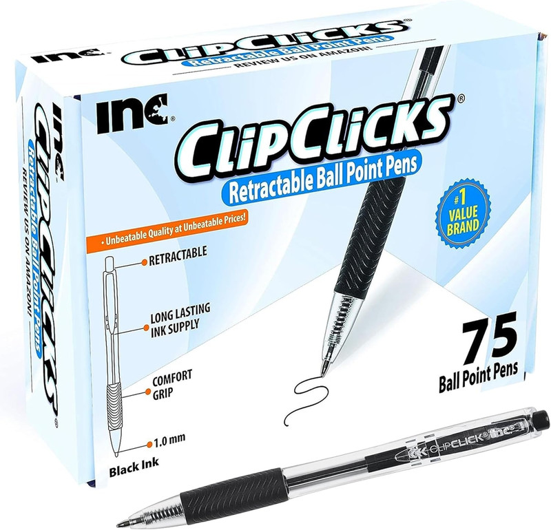 Clipclicks Retractable Ballpoint Pens – Bulk 1.0-Mm Medium-Point Pen Set with Co