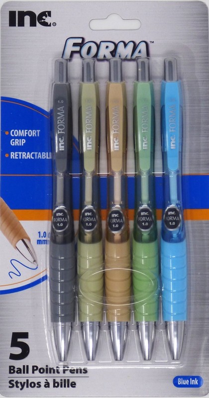 Inc. Forma Retractable Ball Point Pens 1.0 mm, 5 Assorted Barrels (Blue Ink)