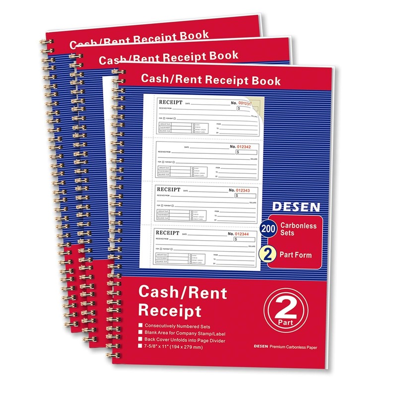 2Part Carbonless Money Rent Receipt Book 75/8×11 In Spiral 200 Sets