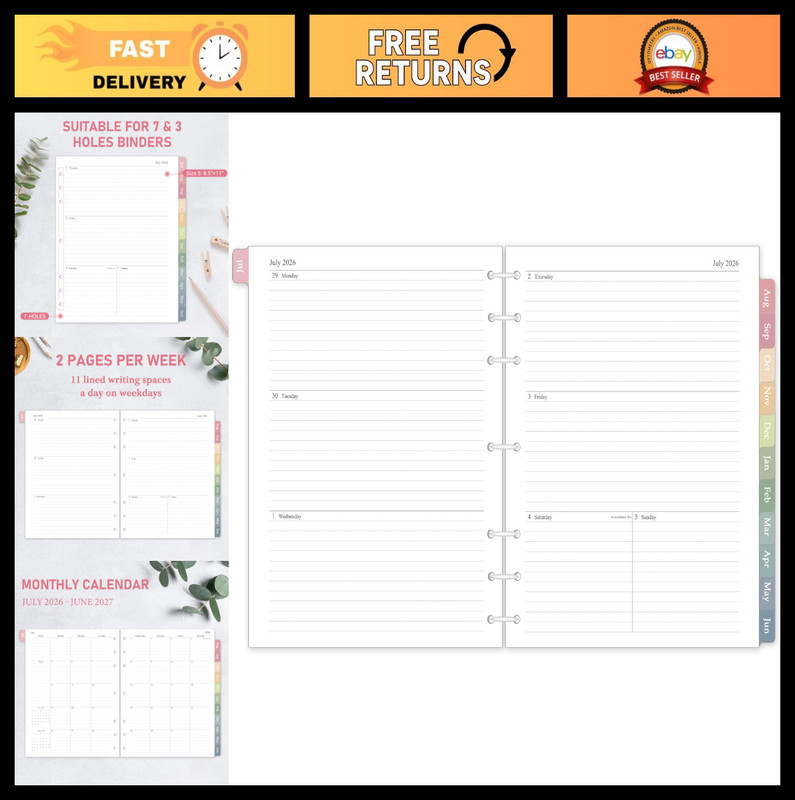 Weekly & Monthly Planner Refill 2026-2027, 8.5″x11″, A4 Inserts, Colorful Tabs,