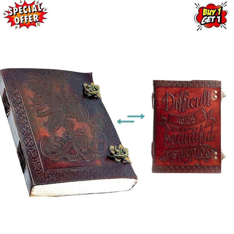 Leather Journal7x5–HandmadeDragonEmbossed Notebook,200Page DoubleLock|B1G1 Combo