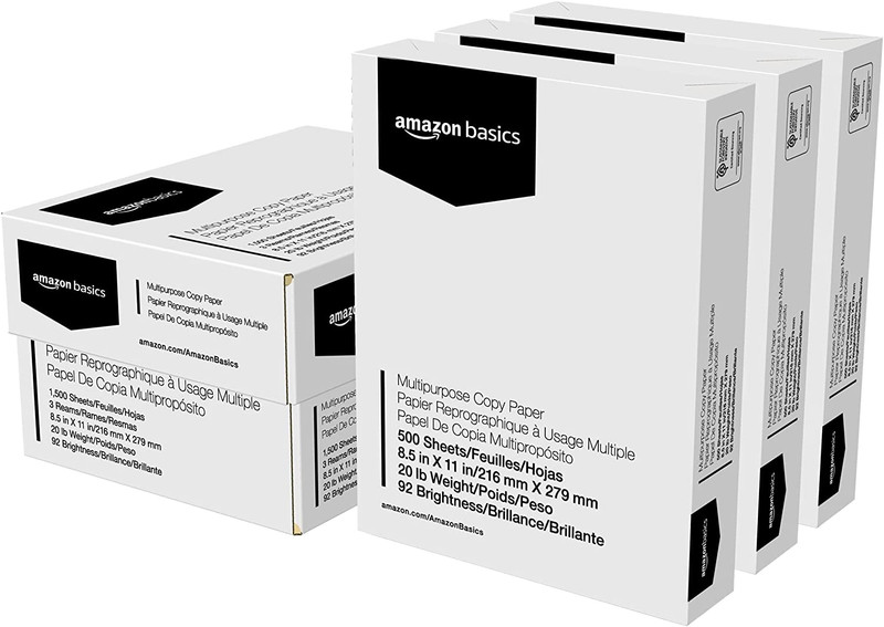 Amazon Basics Multipurpose Copy Printer Paper, 20 Lb, 8.5 X 11 Inches, 3 Reams (