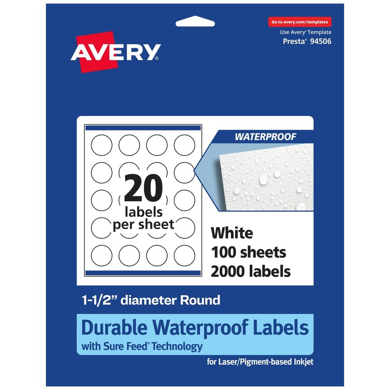Avery Durable Waterproof Round Labels, Sure Feed, Print-to-Edge, 1.5″, 2000PK