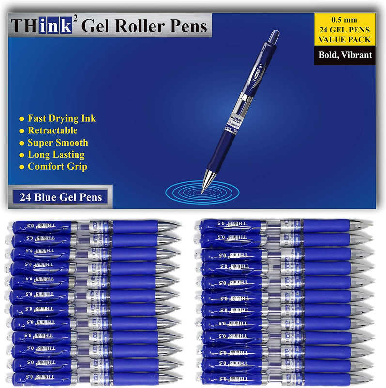 [24 Pens – Blue Ink] Think2 Retractable Gel Pens. (24 Blue) Fine Point (0.5Mm) R