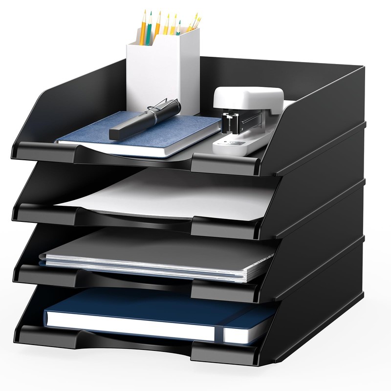 4 Pack Stackable Paper Trays for Letter Documents, Desktop File Organizers for O