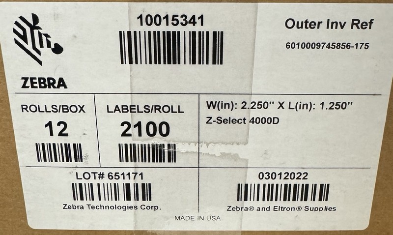 Zebra Z-Select 4000D Labels (2.25″x1.25″) 2100 per roll 12 rolls