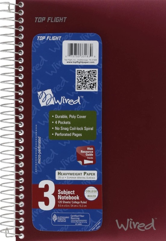 Top Flight Wired 3-Subject Notebook, 120 Sheet 1 Count (Pack of 1), Assorted
