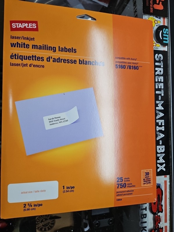 Staples Laser/Inkjet Address Labels 1" x 2 5/8" White 30 Labels/25 Sheets 18054