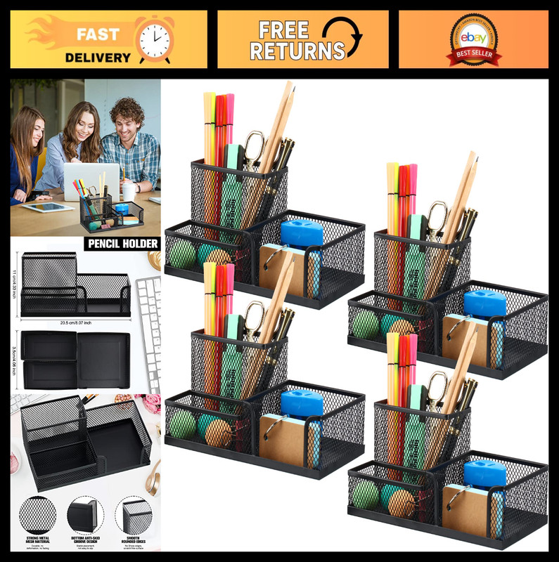 4 Pcs Mesh Desk Organizer Set - 3 Compartment Pen Holder & Sticky Note Caddy for