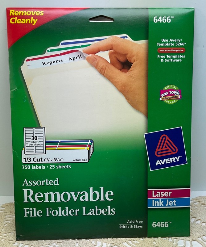Avery New 6466 TrueBlockAssorted FileFolderLabels 1/3 Cut LaserInkjet Acid Free