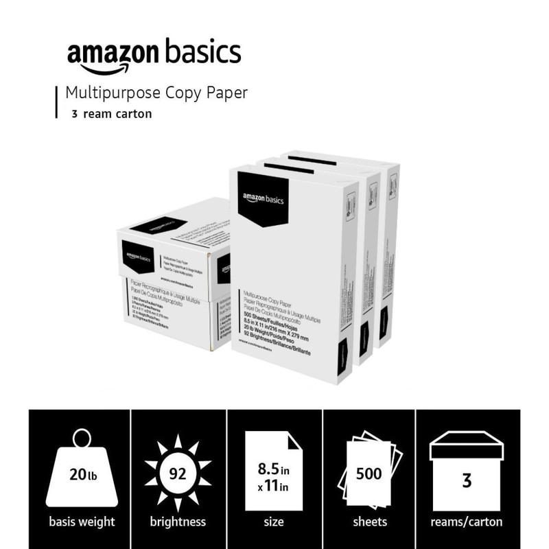 Amazon Basics Multipurpose Copy Printer Paper, 3 Reams | 1500 Sheets, White gallery