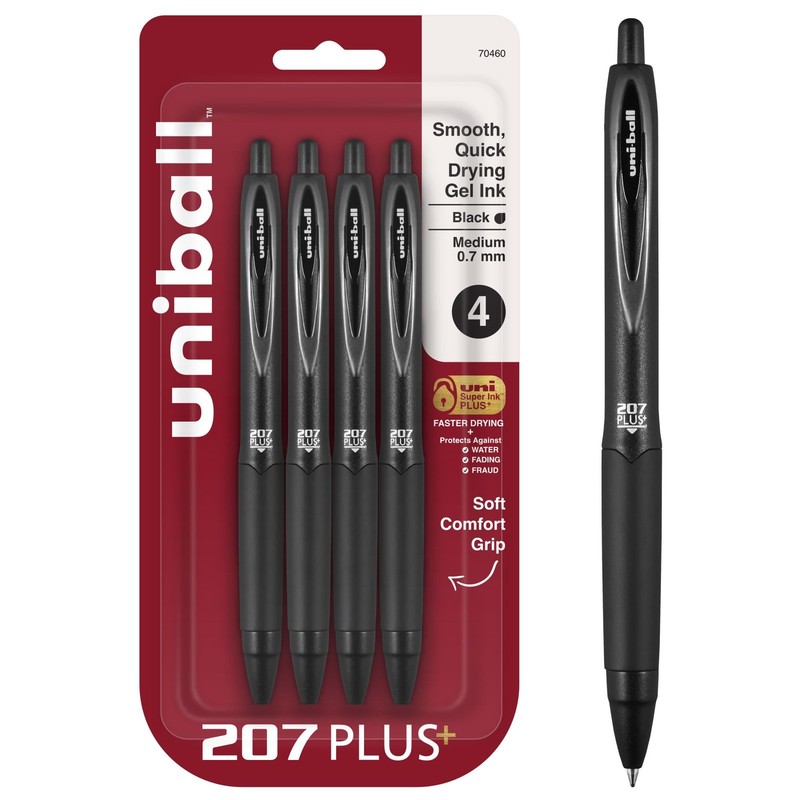 uniball 207 Plus+ Retractable Gel Pens, Medium Point (0.7mm), Black, 4 Pack