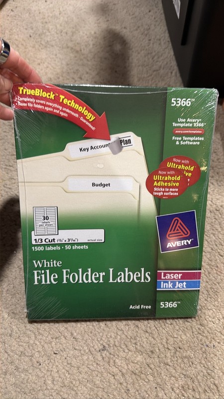 Avery 5366 White File Folder Labels TrueBlock Laser Inkjet 1500 Count