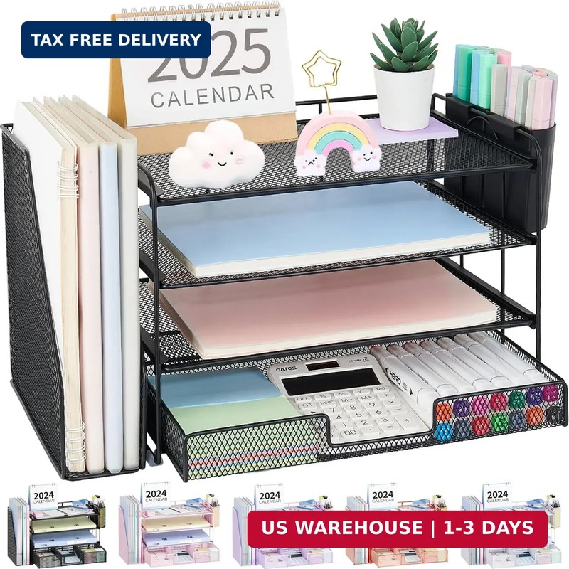OPNICE Desk Organizer, 4-Tier Desktop File Organizer with Drawer and 2 Pen Holde