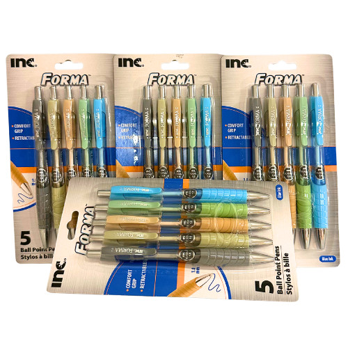 4-Pack Inc Forma Retractable Ball Point Pens 1.0 mm, 5 Asst. Barrels Blue Ink