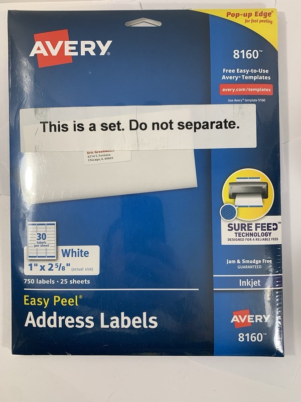 Avery Easy Peel Address Label 8160 Inkjet 1" x 2-5/8" 1500 Labels -White-