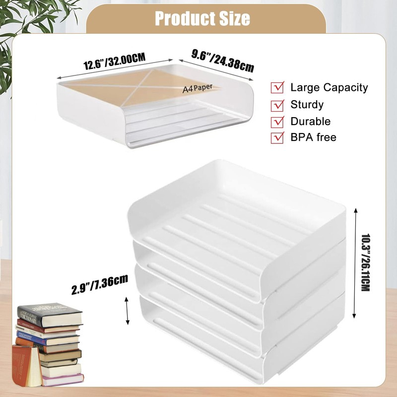 4 Tier Desk Organizer, Stackable Paper Tray 4 Count (Pack of 1), White gallery