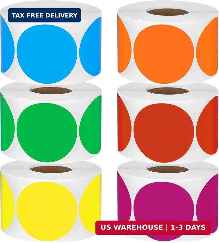 3600 Pcs 2" Round Color Coding Circle Dot Labels on 6 Rolls, 600 Count Each, Inc
