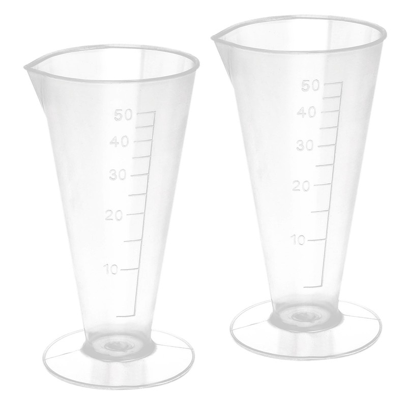 2 Pcs Plastic Beaker, Laboratory Use Measuring Conical Cup Clear White, 50ML