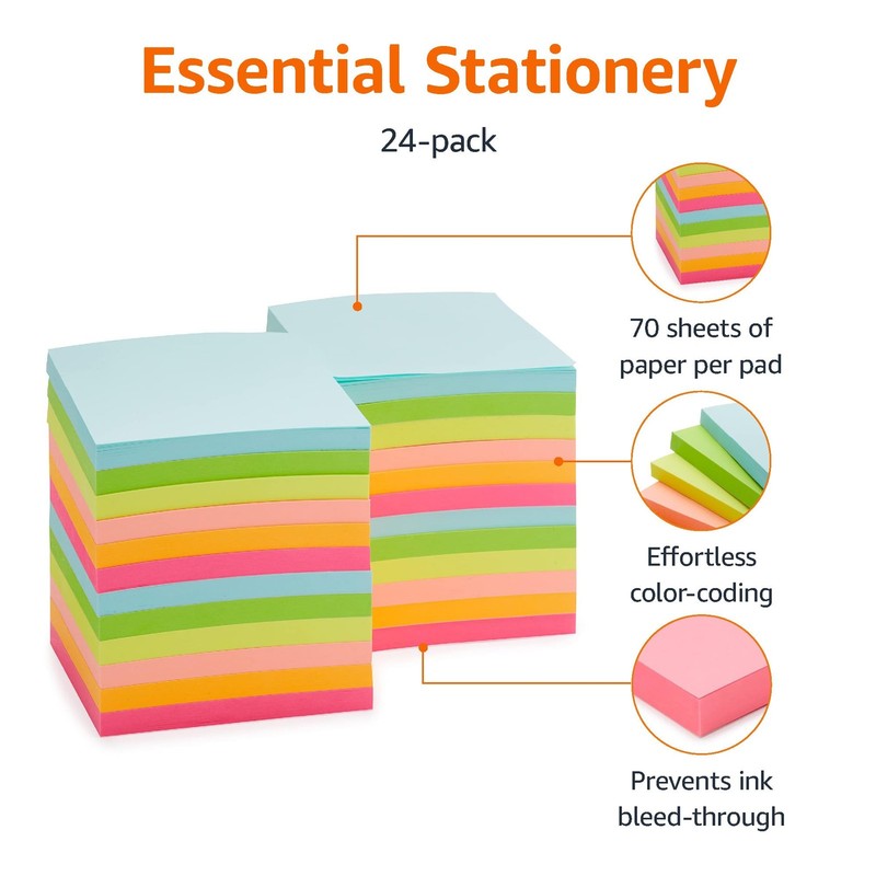 Amazon Basics Square Sticky Notes for Organizing, 3" x 3", Assorted Primary gallery