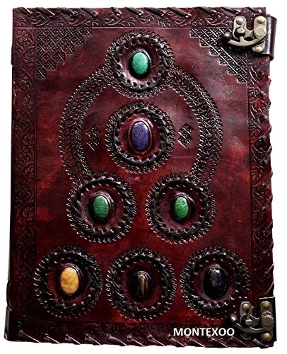 Handmade Vintage Leather Journal – Chakra Embossed Seven Stone Notebook 10×13″