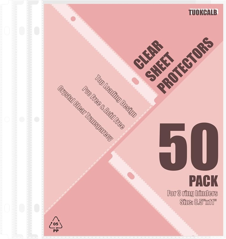 50 Pack Clear Sheet Protectors for 3 Ring Binder, Polypropylene Acid-Free Materi