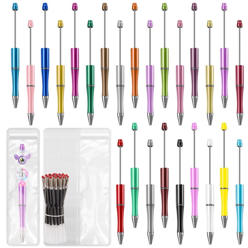 75 PCS Multicolor DIY Beadable Pens Kit, 25 Pens, 25 Refills, 25 Bags, Black Ink