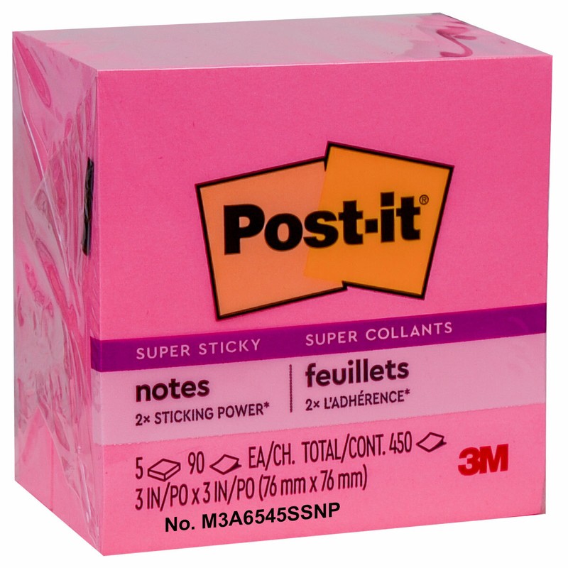 Post-it 654-5SSNP Super Sticky Notes, Neon Pink, 3 x 3″, Pack of 5 Pads