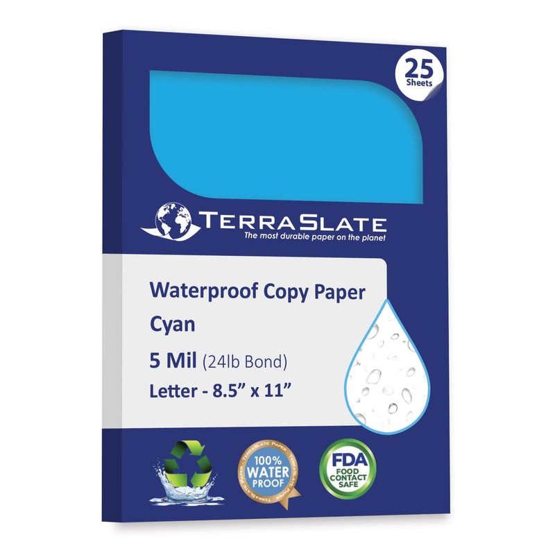 TerraSlate Waterproof Paper, RipProof Colored Paper, Cyan Blue, 25 Sheets, 5 …