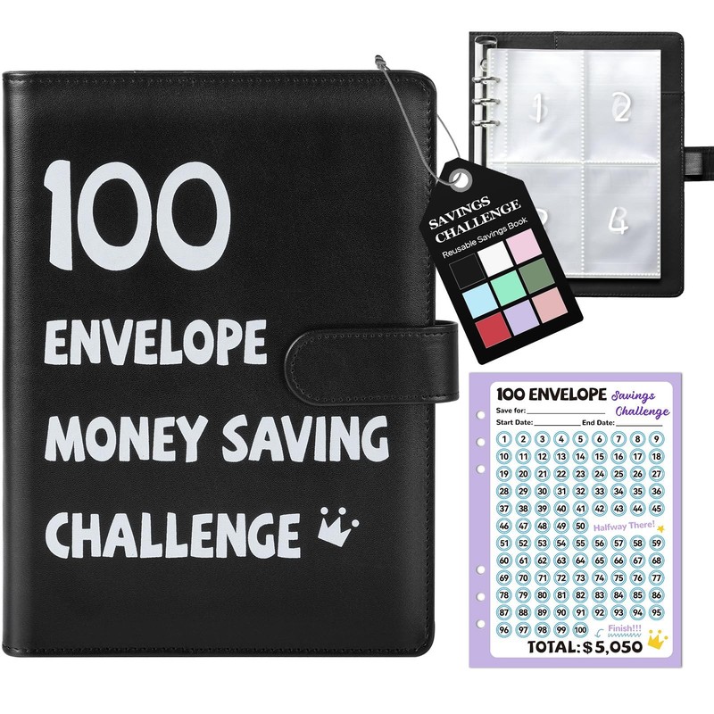 Black 100 Envelope Money Saving Challenge Binder Tracker Budget A5 Book Kit