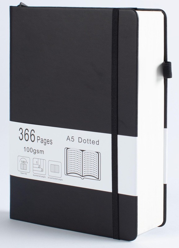 Thick Bullet Notebook with 366 Numbered Pages, A5 Dotted Journal for Black