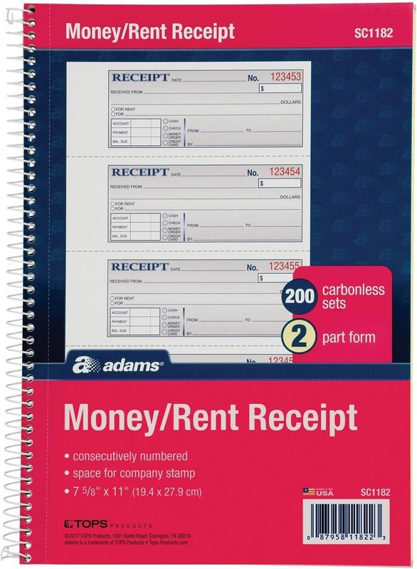 Adams Money and Rent Receipt Book, 2-Part Carbonless, 63″ x 11″, White/Canary