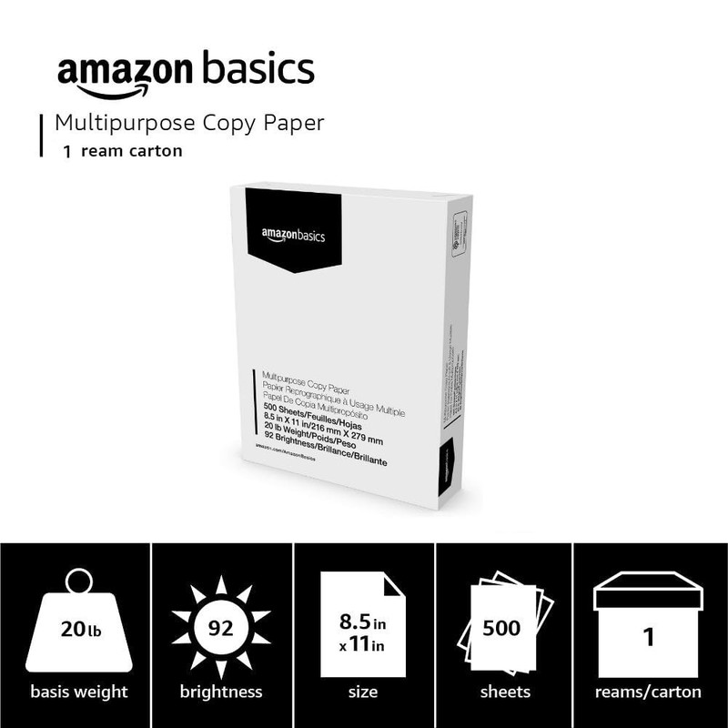 Amazon Basics Multipurpose Copy Printer Paper, 8.5 1 Ream | 500 Sheets, White gallery
