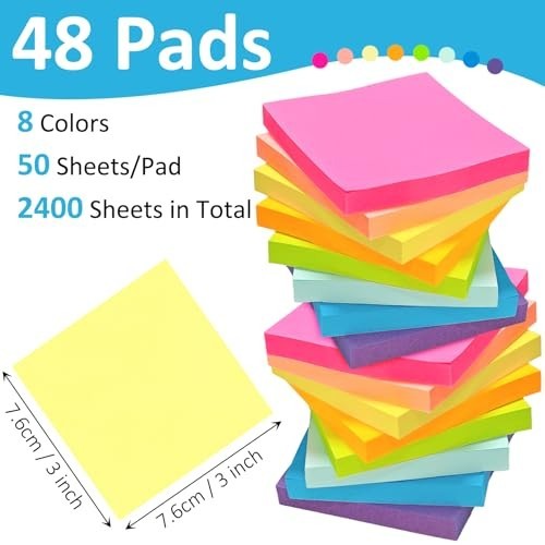"48 Pack 3x3 Sticky Notes - 2400 Sheets in 8 Colors, Ideal for Office & School S gallery