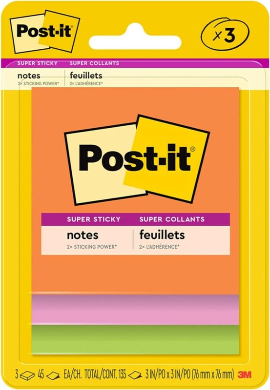 Post it Super Sticky Notes, 3 Sticky Note Pads, 3 x 3 in 1 Pack